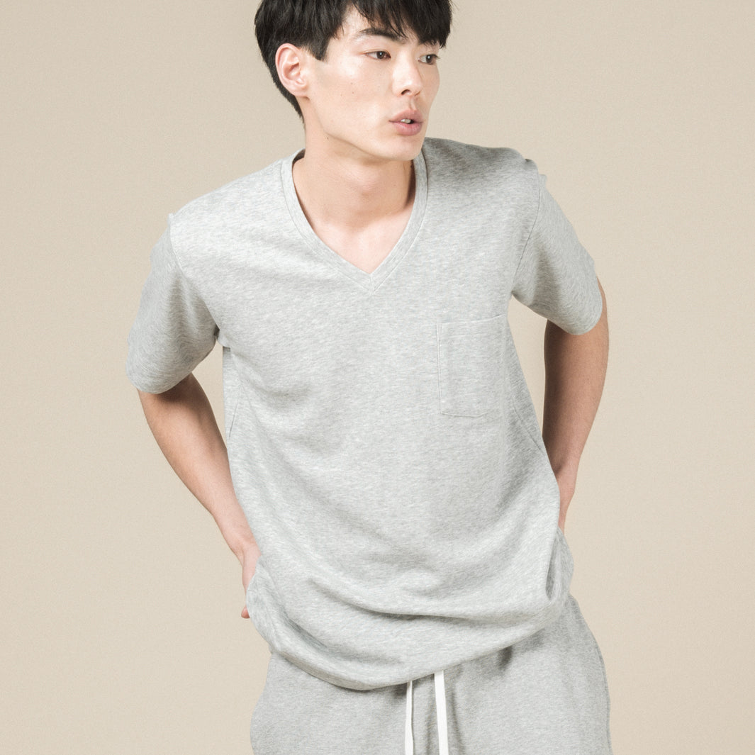 コットン&シルク VネックTシャツ (グレー)