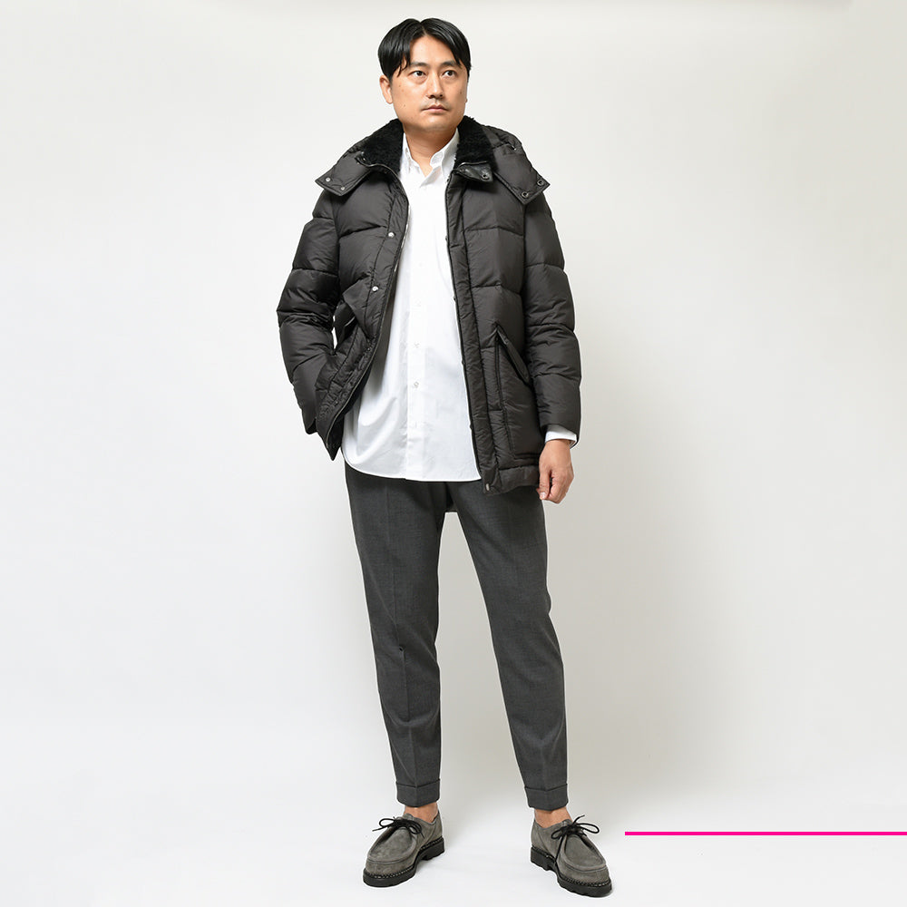 EMMETI エンメティ BORDEAUX ナイロン×ナッパレザー×ムートン デタッチャブルフード ダウンジャケット