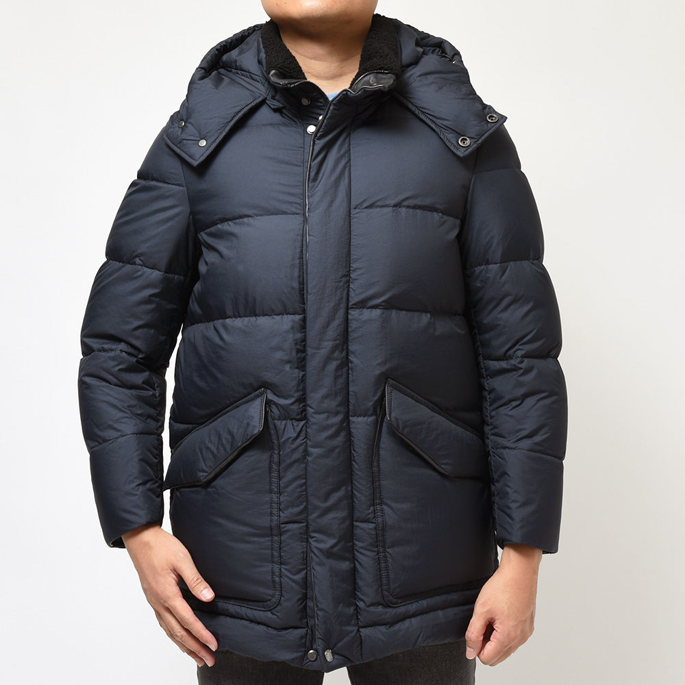 EMMETI エンメティ BORDEAUX ナイロン×ナッパレザー×ムートン デタッチャブルフード ダウンジャケット
