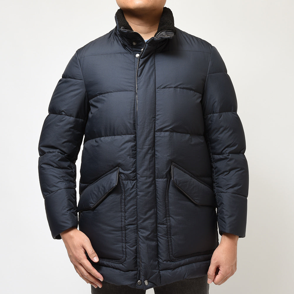 EMMETI エンメティ BORDEAUX ナイロン×ナッパレザー×ムートン デタッチャブルフード ダウンジャケット