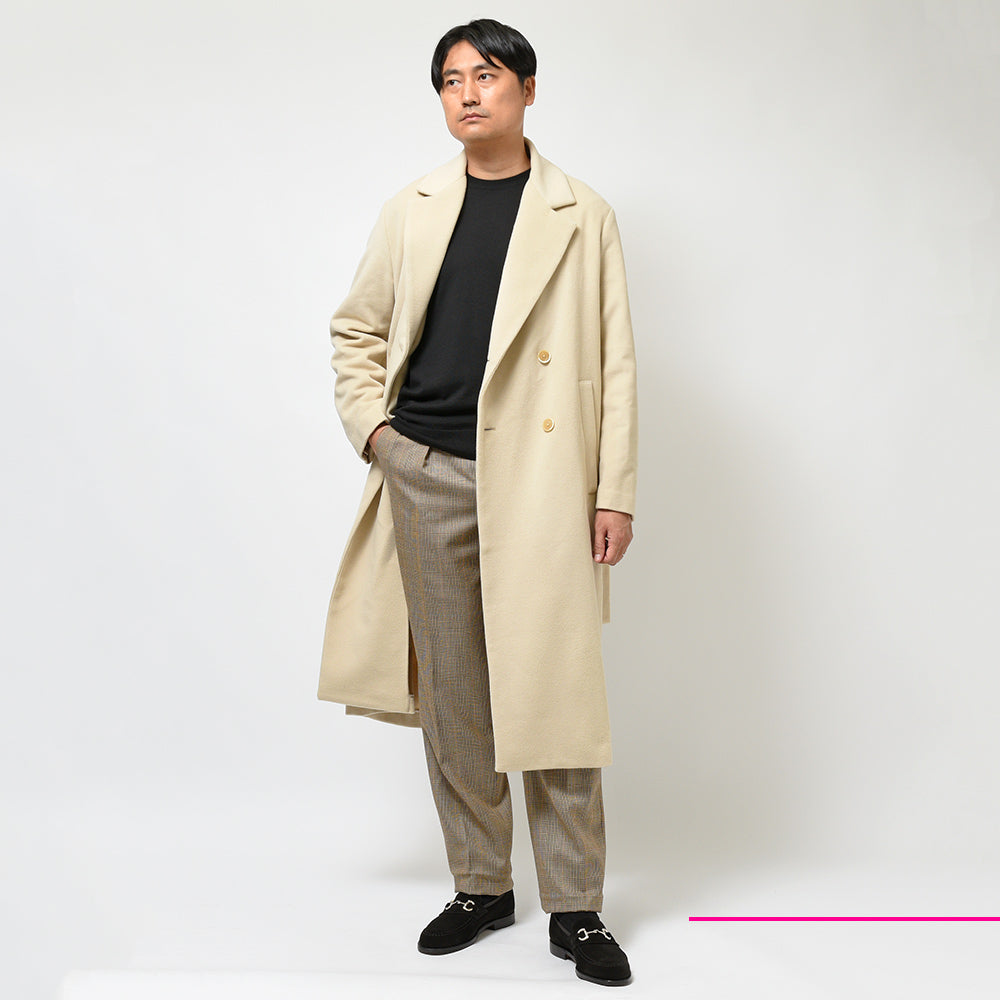 BARENA バレナ ヴァージンウール ナイロン カシミヤ フランネル ベルテッド ダブル チェスターコート