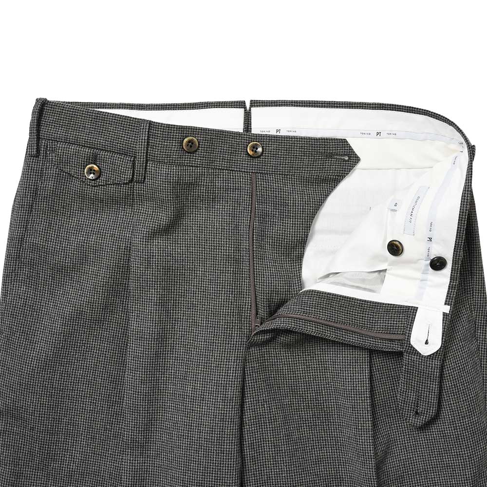 PT TORINO ピーティー トリノ ヴァージンウール ストレッチ ライトフランネル ハウンドトゥース 1プリーツ パンツ GENTLEMAN FIT