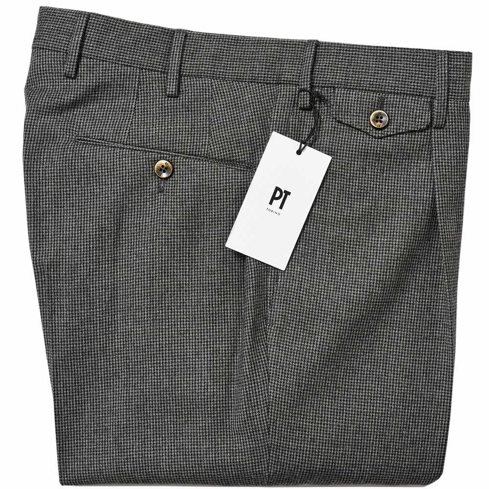PT TORINO ピーティー トリノ ヴァージンウール ストレッチ ライトフランネル ハウンドトゥース 1プリーツ パンツ GENTLEMAN FIT