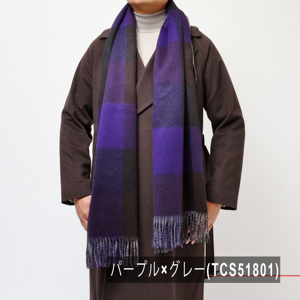 Joshua Ellis(ジョシュア エリス) カシミアチェック×ソリッドダブルフェイス大判ストール D Face Check×Plain
