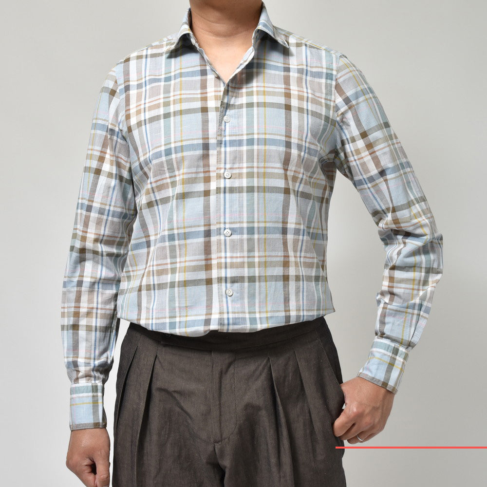 Finamore(フィナモレ) LUIGIルイジ/BALIバーリ ウォッシュドコットンリネンマドラスチェックワイドカラーシャツ P4054