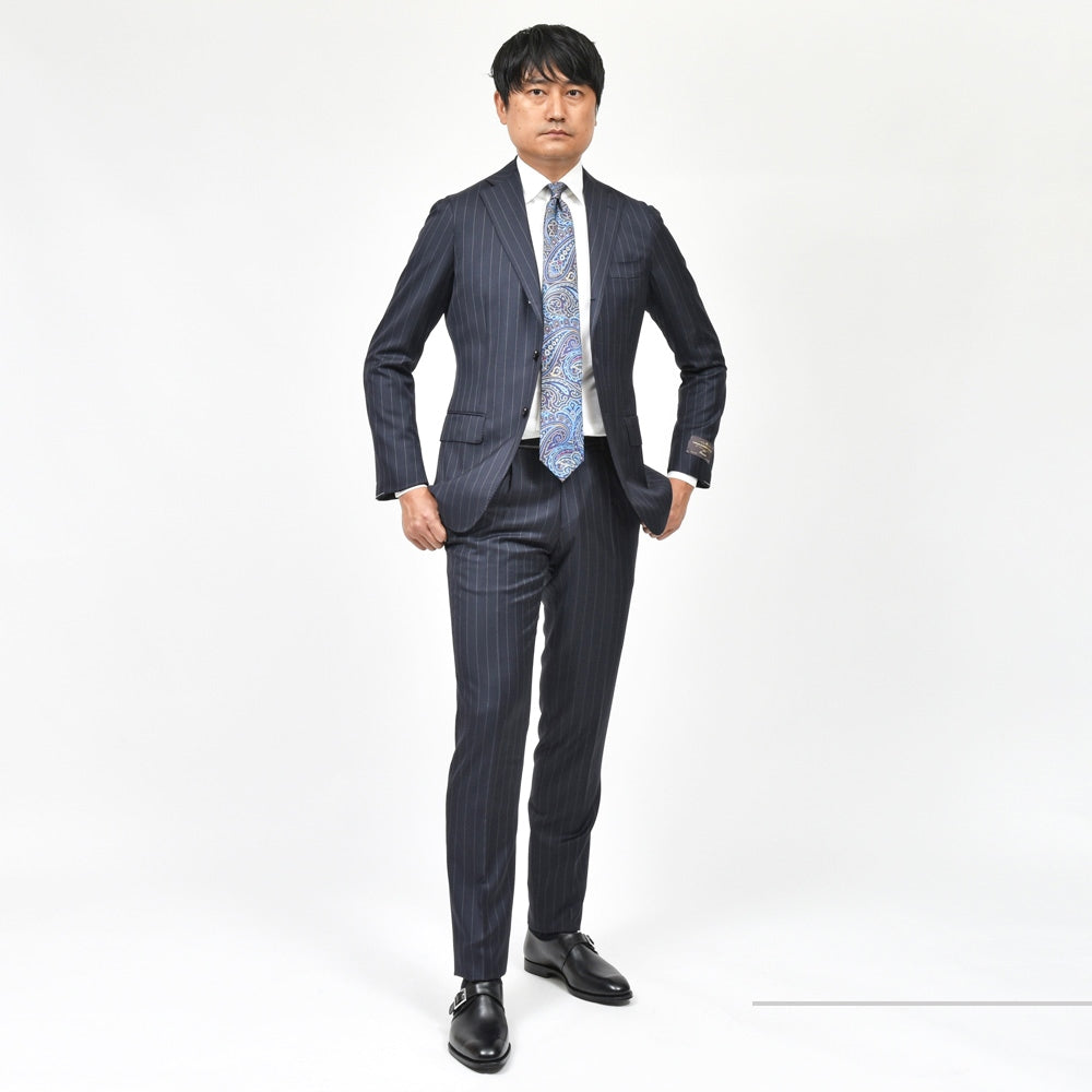 guji(グジ) SUPER110'sウールサージピンストライプ3B1Pスーツ (MADE BY RING JACKET / CANONICOファブリック使用)【春/秋/冬】