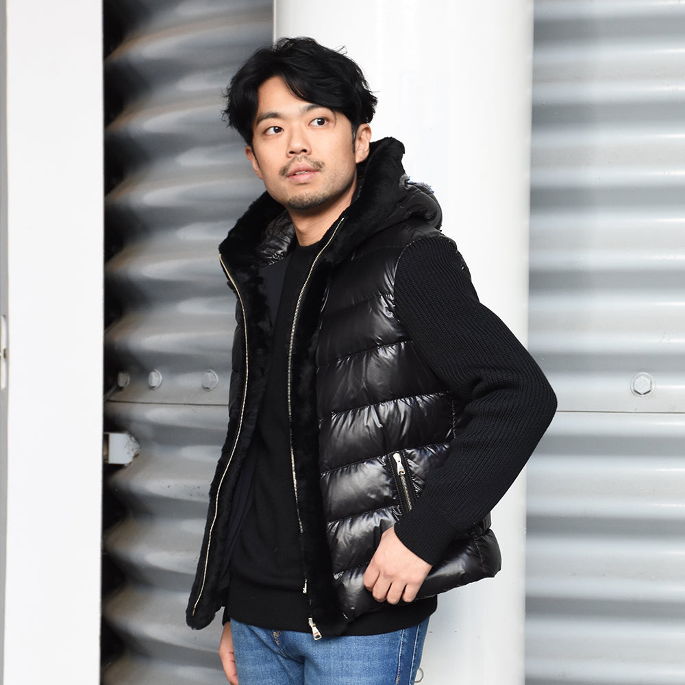 エンメティ / BR別注 フーデッド ムートンダウン ジャケット(ゴールドパーツ)/GART BR/NERO