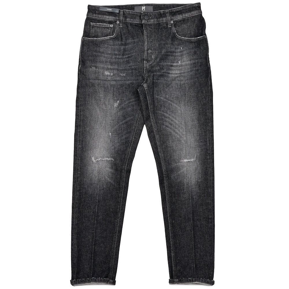 PT TORINO DENIM ピーティートリノデニム コットン ストレッチ ウォッシュド ダメージ&リペア ブラックデニムパンツ REGGAE/TAPERED FIT/OA3630