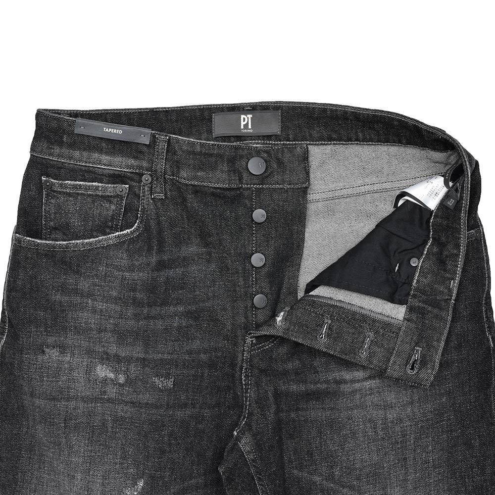 PT TORINO DENIM ピーティートリノデニム コットン ストレッチ ウォッシュド ダメージ&リペア ブラックデニムパンツ REGGAE/TAPERED FIT/OA3630
