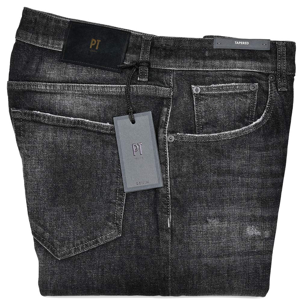 PT TORINO DENIM ピーティートリノデニム コットン ストレッチ ウォッシュド ダメージ&リペア ブラックデニムパンツ REGGAE/TAPERED FIT/OA3630