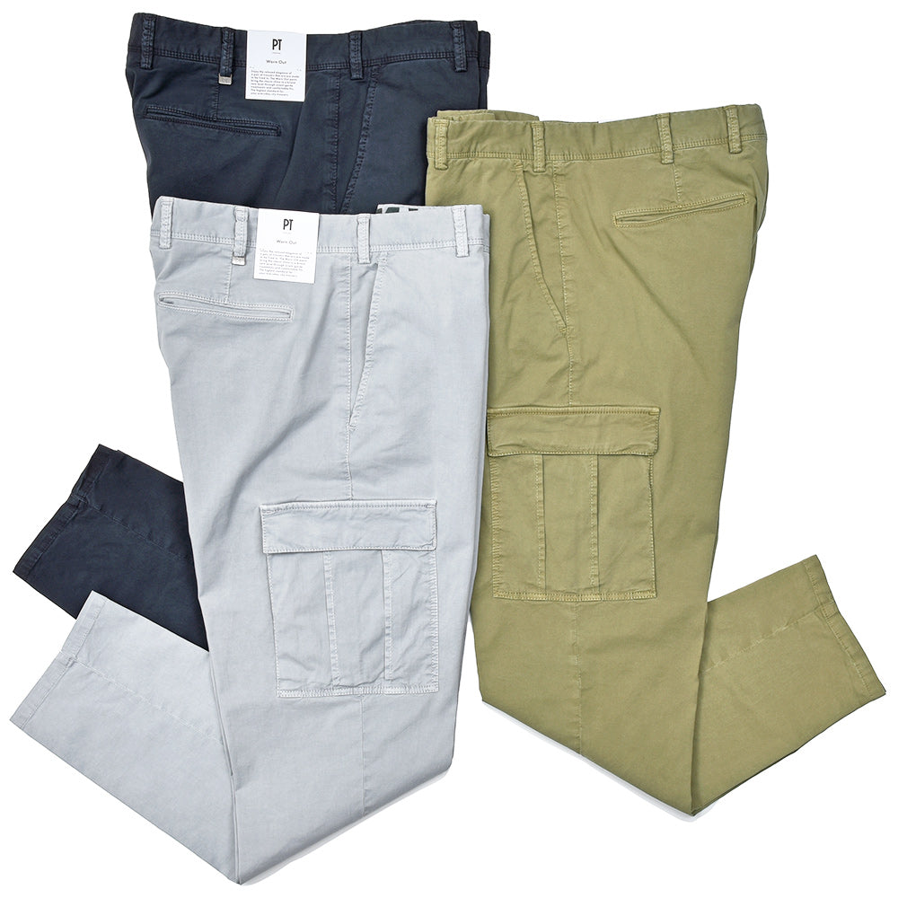 PT TORINO ピーティー トリノ WORN OUT コットン ストレッチ ガーメントダイ ライトギャバジン ノープリーツ カーゴパンツ REBEL FIT/NU77