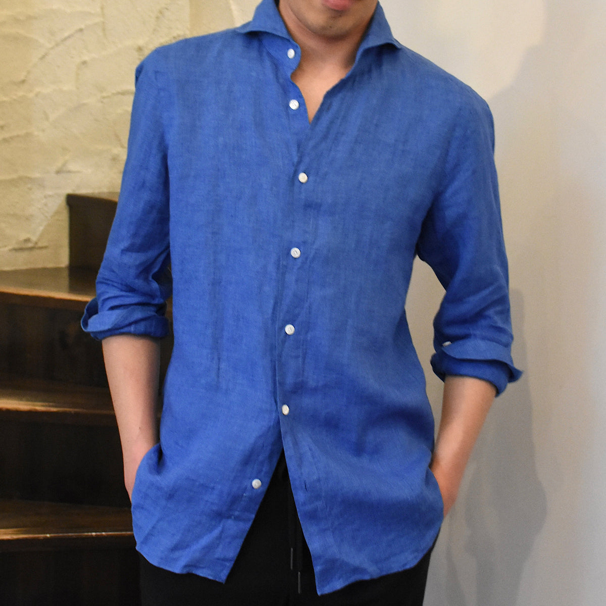フィナモレ / リネン カッタウェイカラー シャツ/C0650