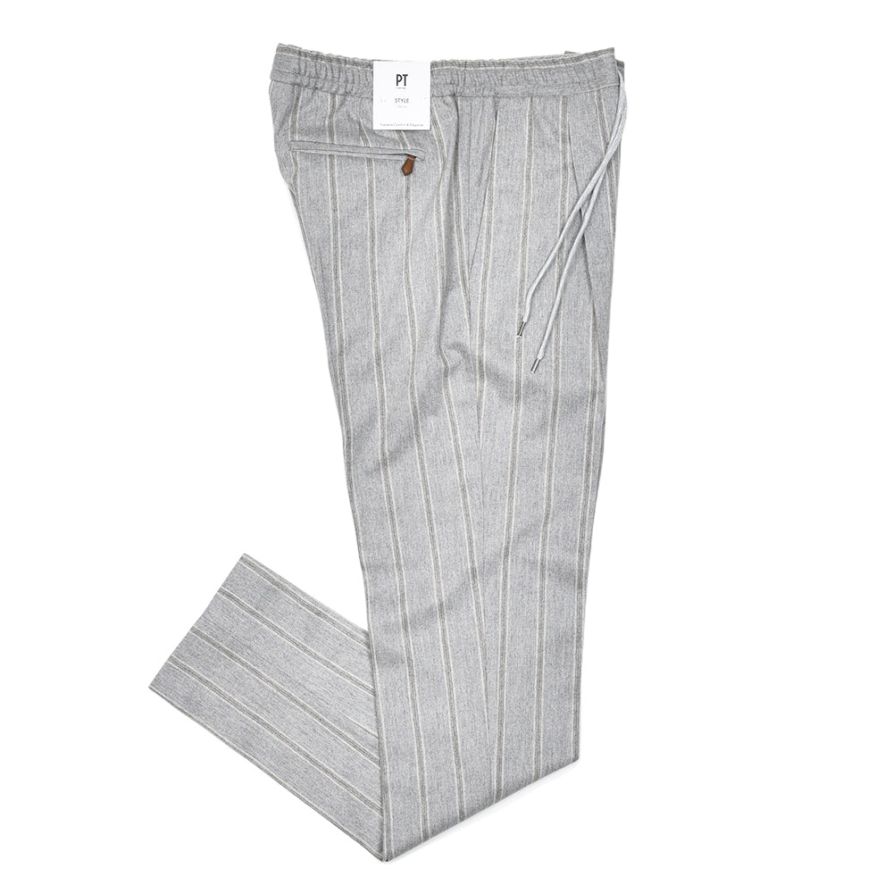 PT TORINO(ピーティー トリノ) ヴァージンウールカシミヤ ストレッチ ライトフランネル ストライプ 1プリーツシャーリングパンツ SOFT FIT/TO02