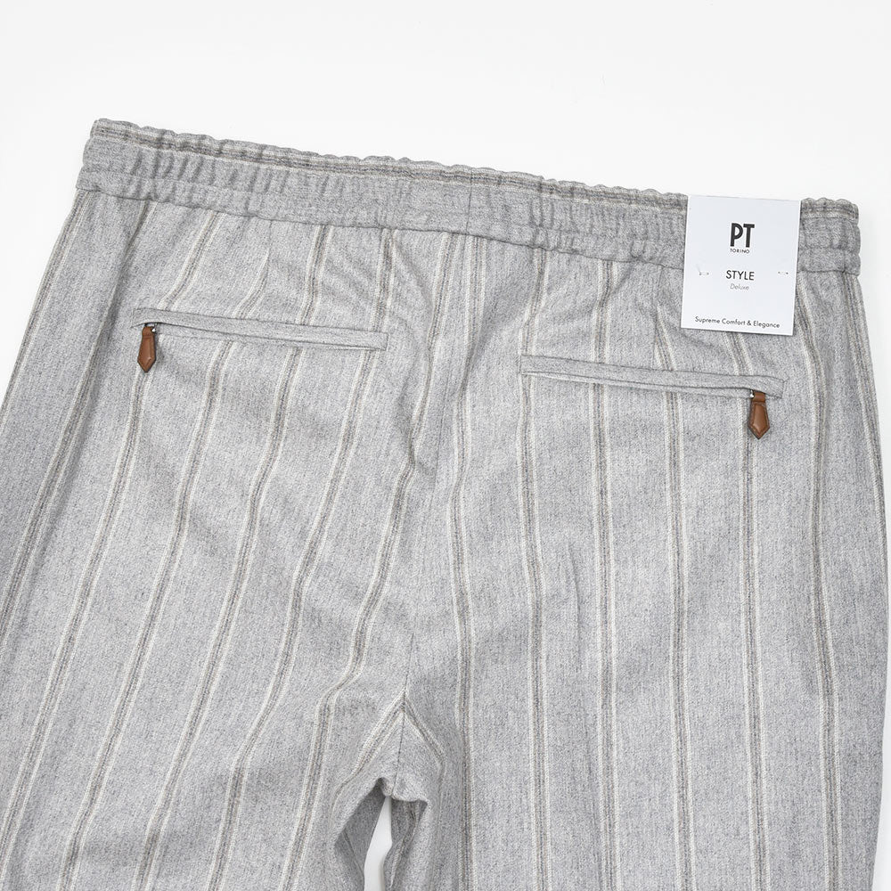 PT TORINO(ピーティー トリノ) ヴァージンウールカシミヤ ストレッチ ライトフランネル ストライプ 1プリーツシャーリングパンツ SOFT FIT/TO02