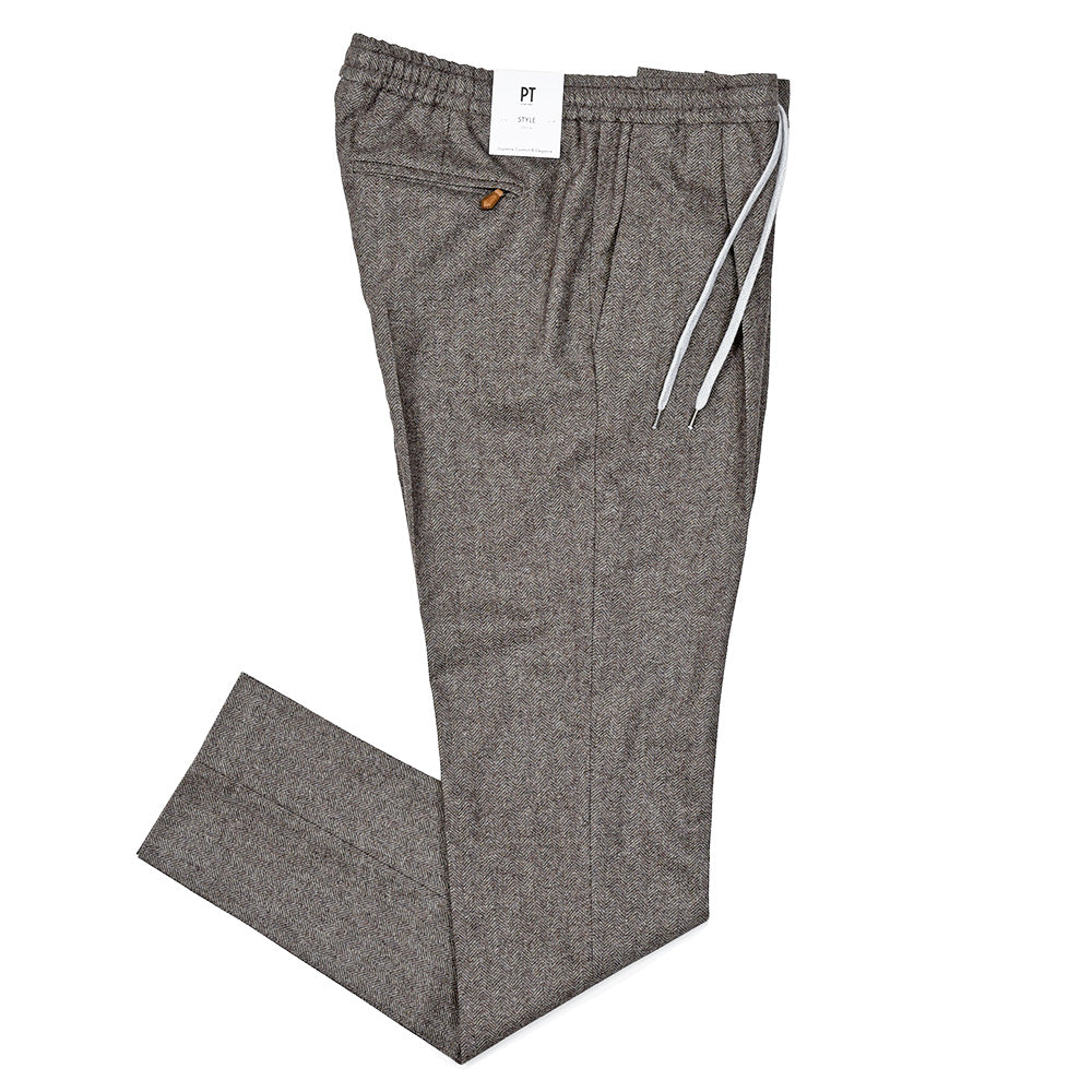 PT TORINO(ピーティー トリノ) ヴァージンウールカシミヤ ストレッチ ライトフランネル ヘリンボーン 1プリーツシャーリングパンツ SOFT FIT/TO02