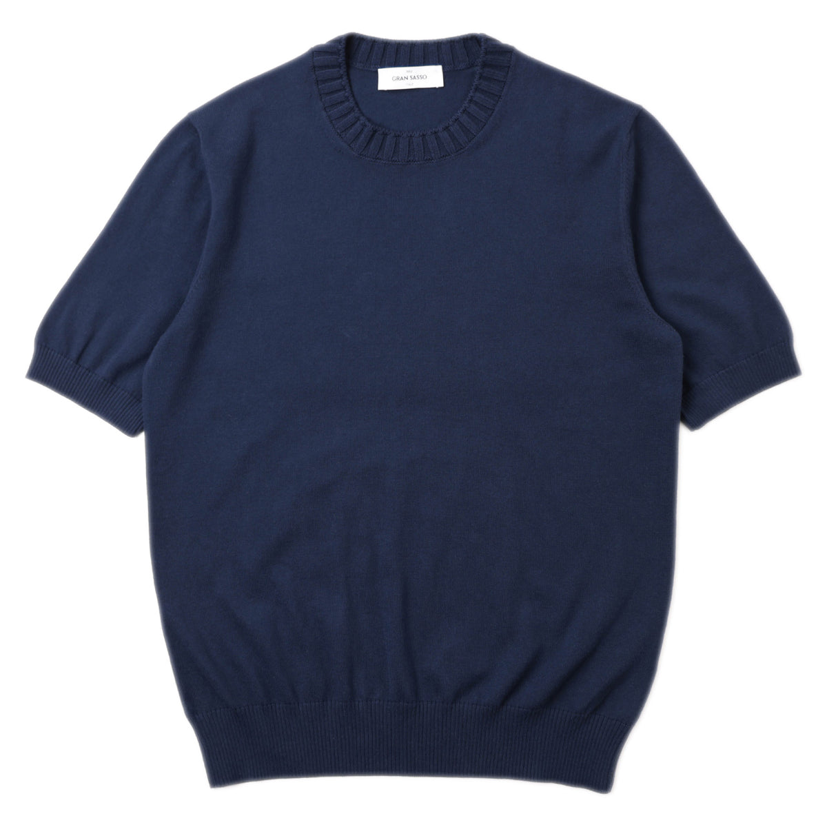 グランサッソ / エジプト綿 ハイゲージ コットン プルオーバー リブ クルーネック ニット Tシャツ / 57188 18163 / ネイビー