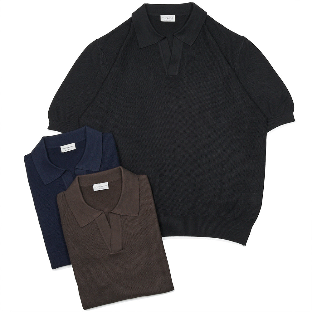 morgano(モルガーノ) オーガニックコットン メッシュ編み スキッパーニットポロ