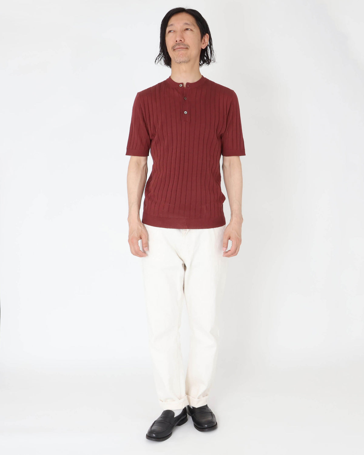 モルガーノ / コットンリネン クルーネック ニット with buttons S/S / ワイン
