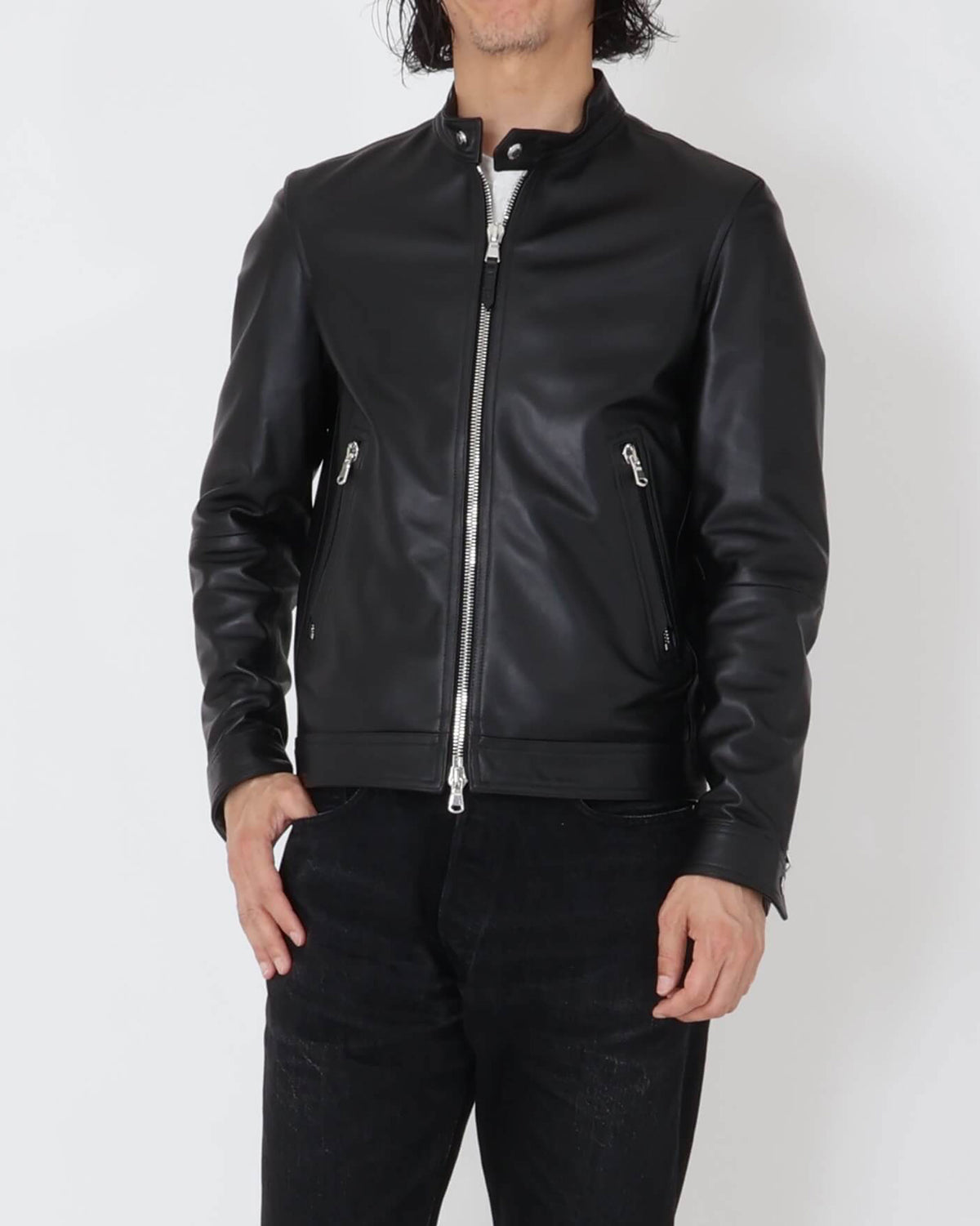 エンメティ / MASSIMO(マッシモ) シルバーZIP ナッパチェラータ ラムレザーシングルライダース / ブラック