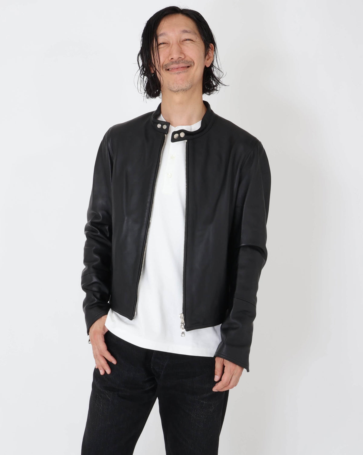 エンメティ / H UOMO(アッカウォモ) シルバーZIP ナッパチェラータ ラムレザーシングルライダース / ブラック