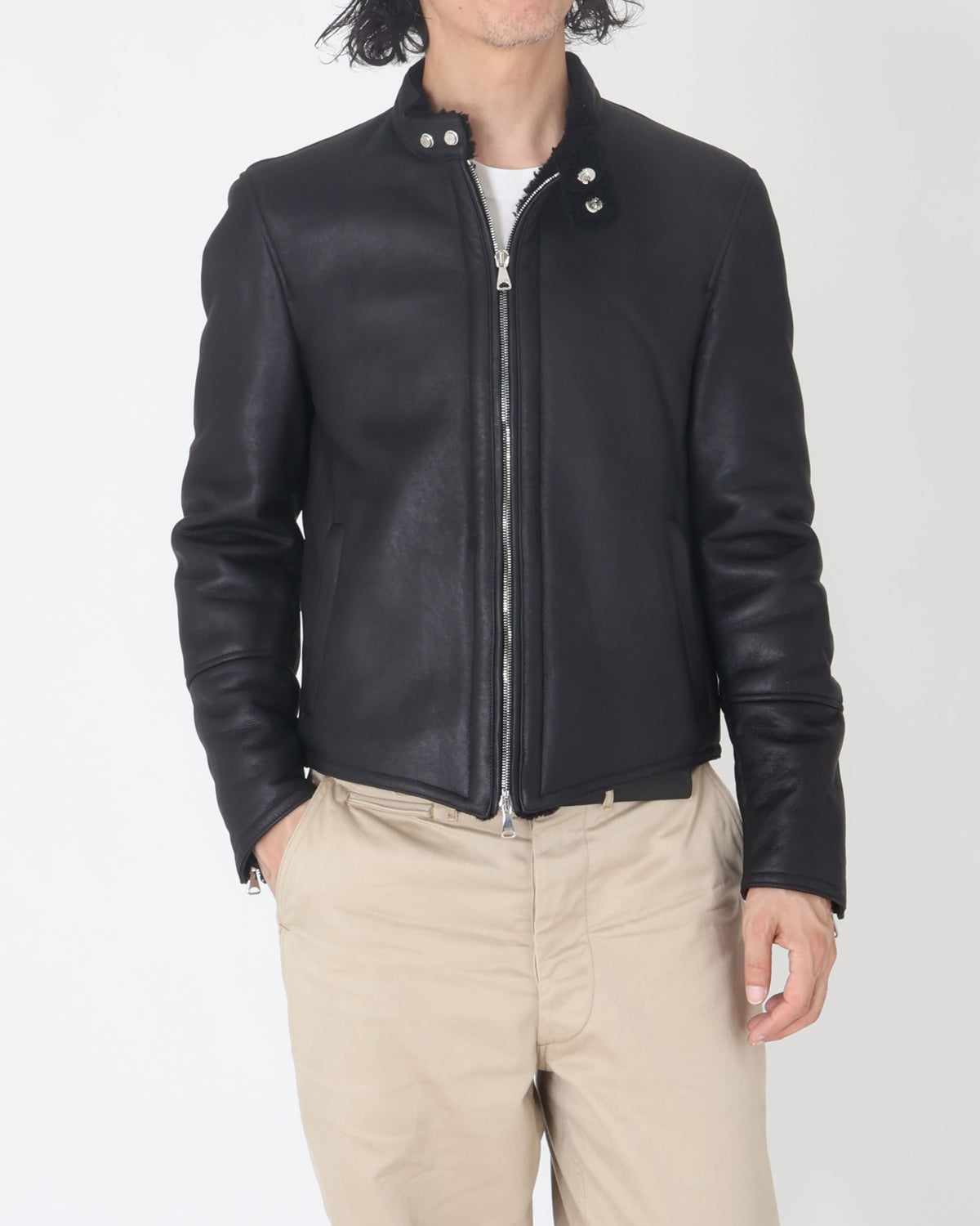 H MONTONE(アッカ モントーネ) シルバーZIP SPムートン シングルライダースジャケット / ブラック
