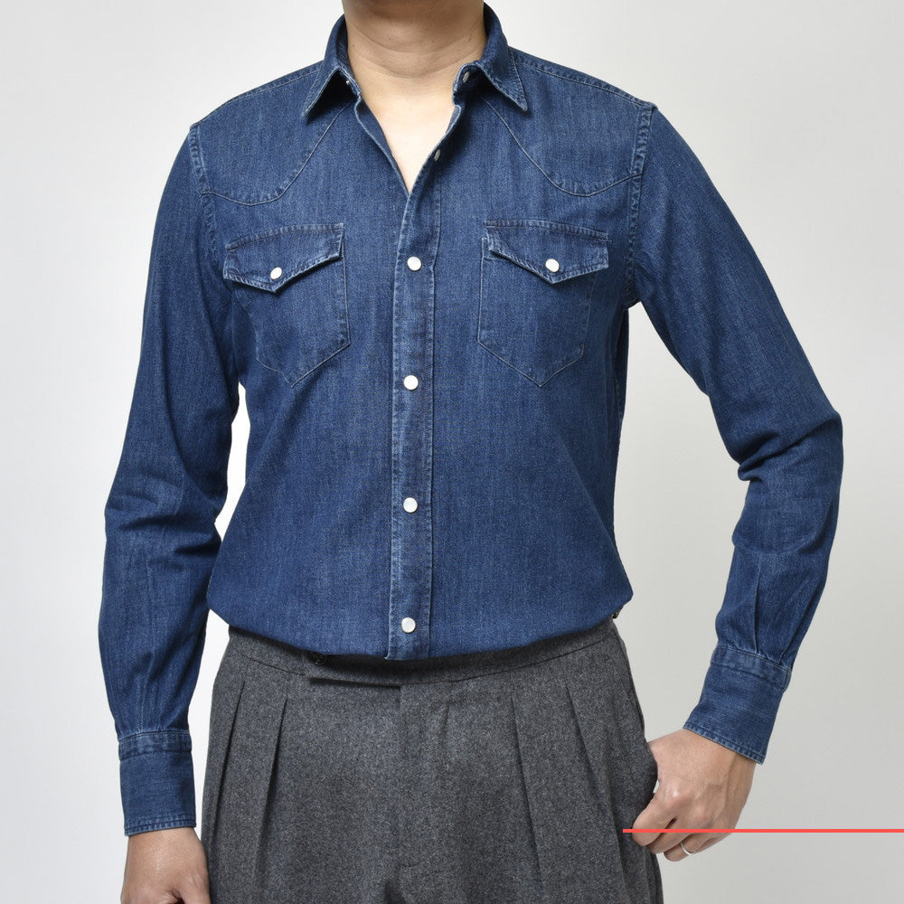 GLANSHIRT（グランシャツ） ウォッシュドコットンデニムウエスタンシャツ 81401(M)