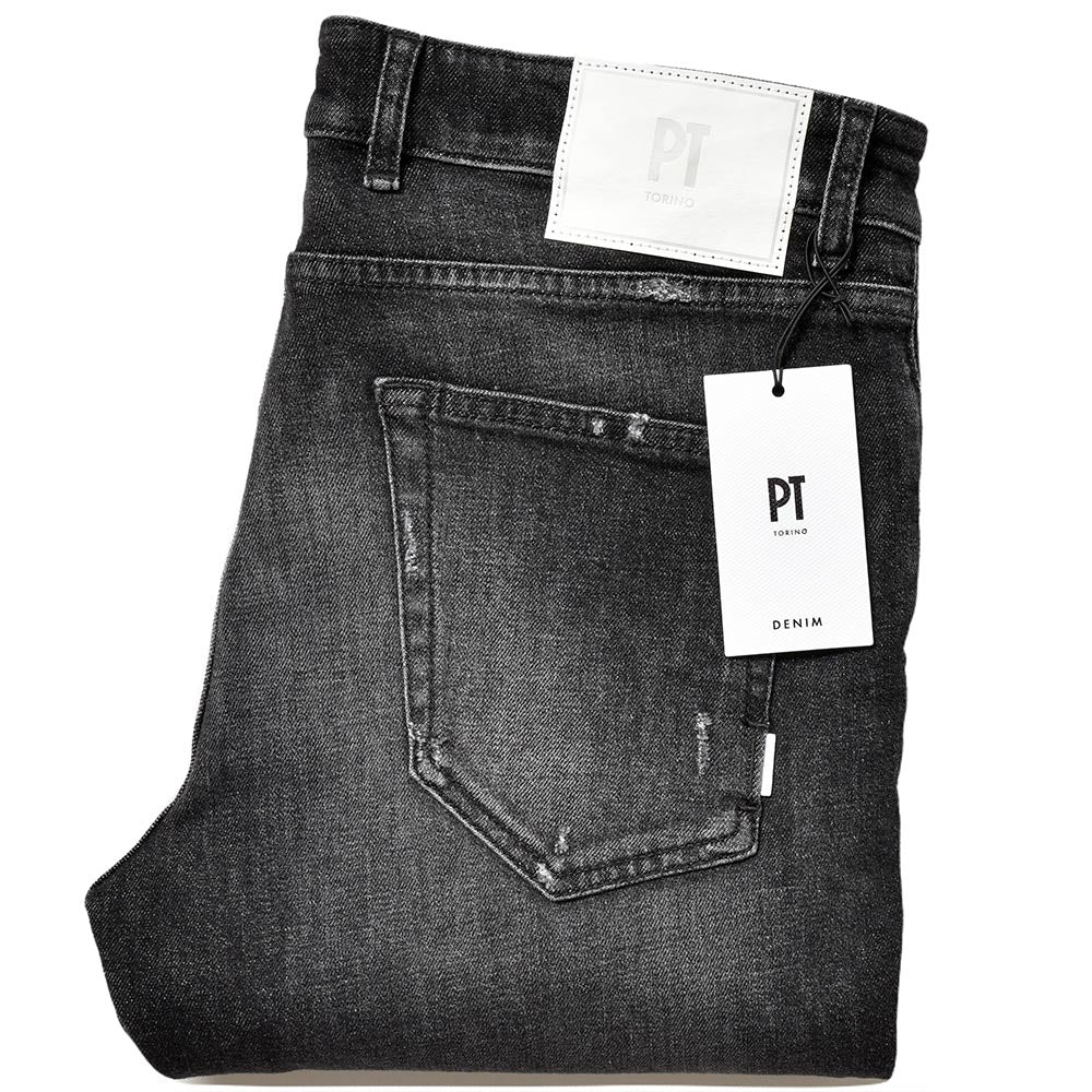 PT TORINO DENIM ピーティートリノデニム コットン ストレッチ ウォッシュド ダメージ&リペア ブラックデニムパンツ ROCK/SKINNY FIT