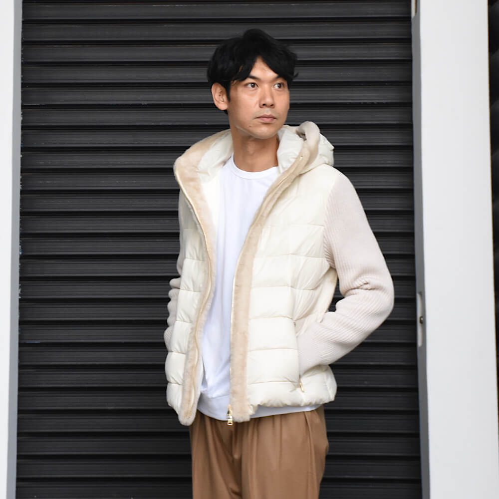 エンメティ / BR別注 フーデッド ムートンダウン ジャケット(ゴールドパーツ)/GART BR/CACHA