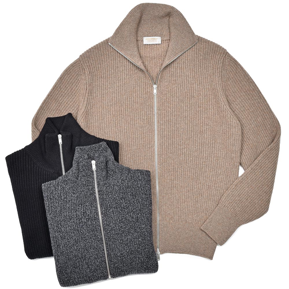 JOHN SMEDLEY ジョンスメドレー BRILEY リサイクルカシミヤ メリノウール 7ゲージ リブ編み ジップアップ ニットブルゾン STANDERD FIT