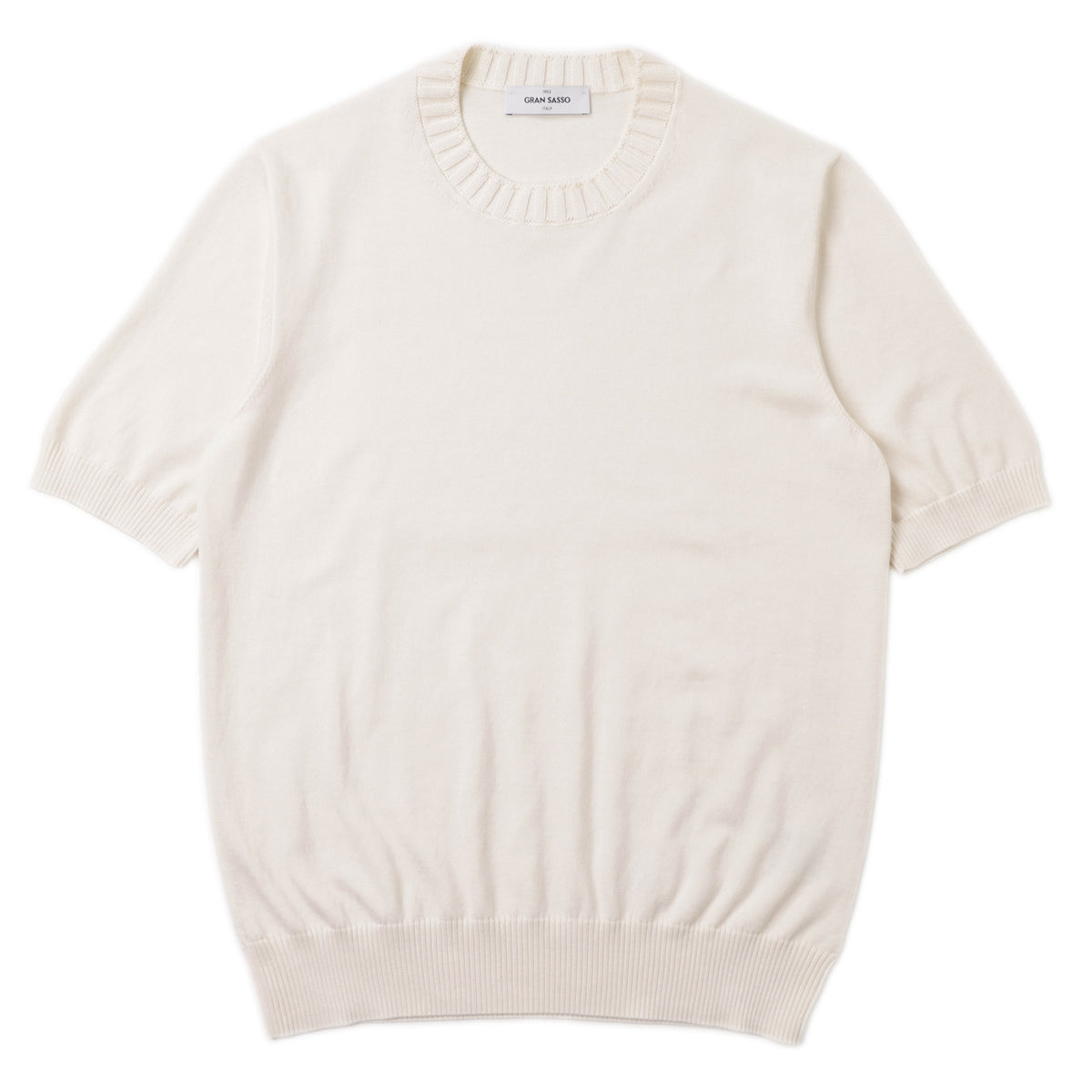 グランサッソ / エジプト綿  ハイゲージ コットン プルオーバー リブ  クルーネック ニット Tシャツ / 57188 18163 / アイボリー