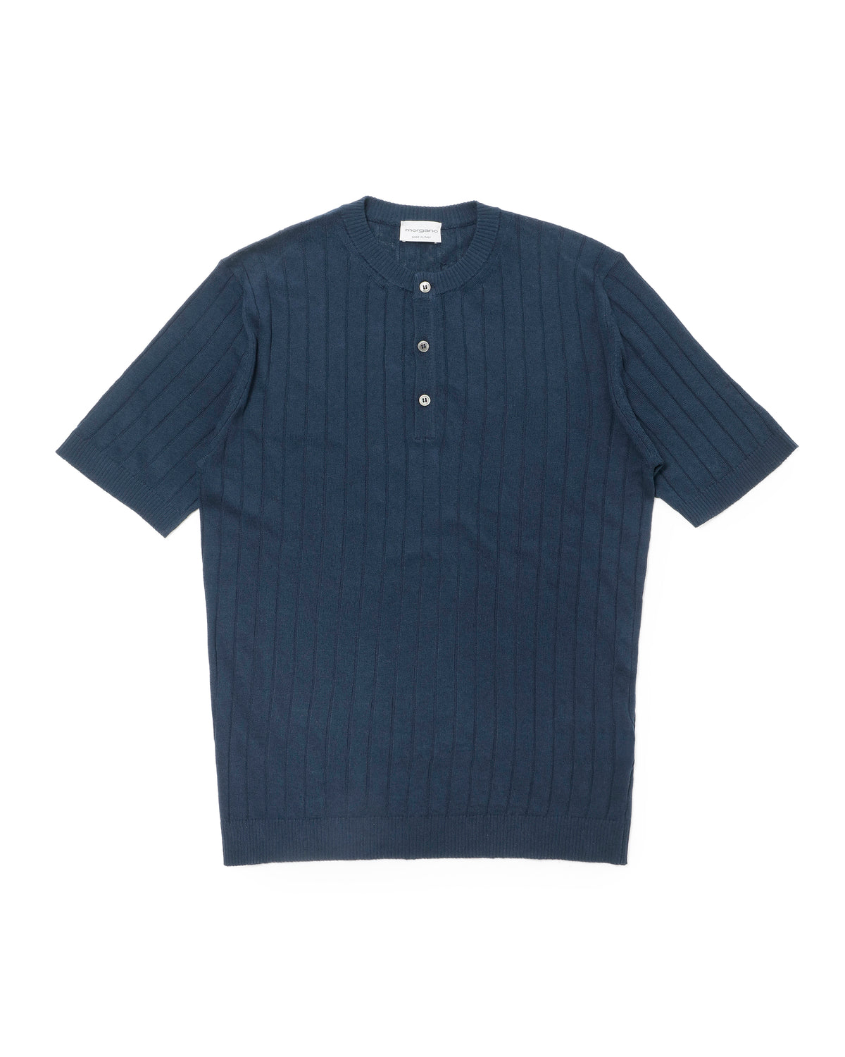モルガーノ / コットンリネン クルーネック ニット with buttons S/S / ネイビー