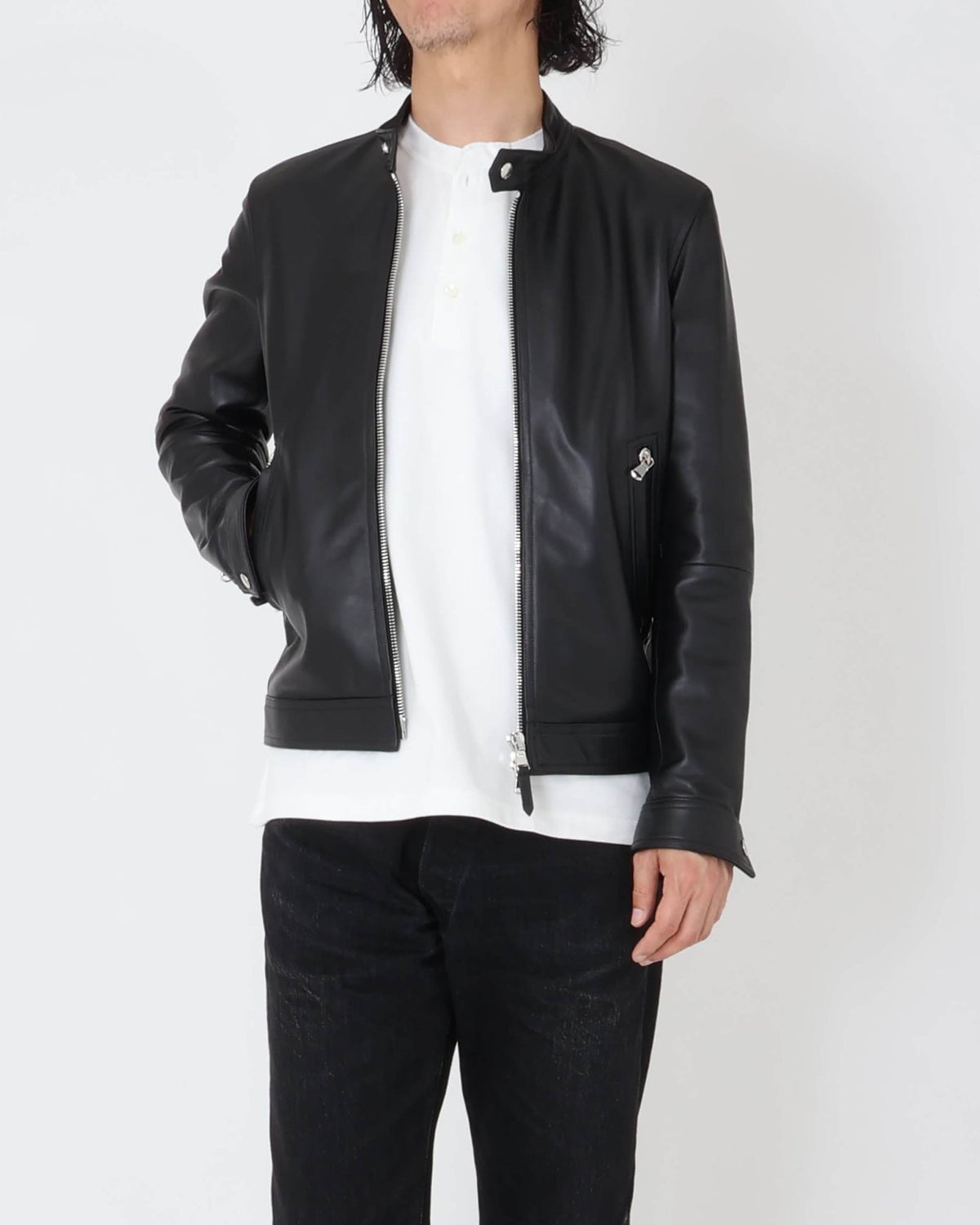 エンメティ / MASSIMO（マッシモ） シルバーZIP ナッパチェラータ ラムレザーシングルライダース / ブラック