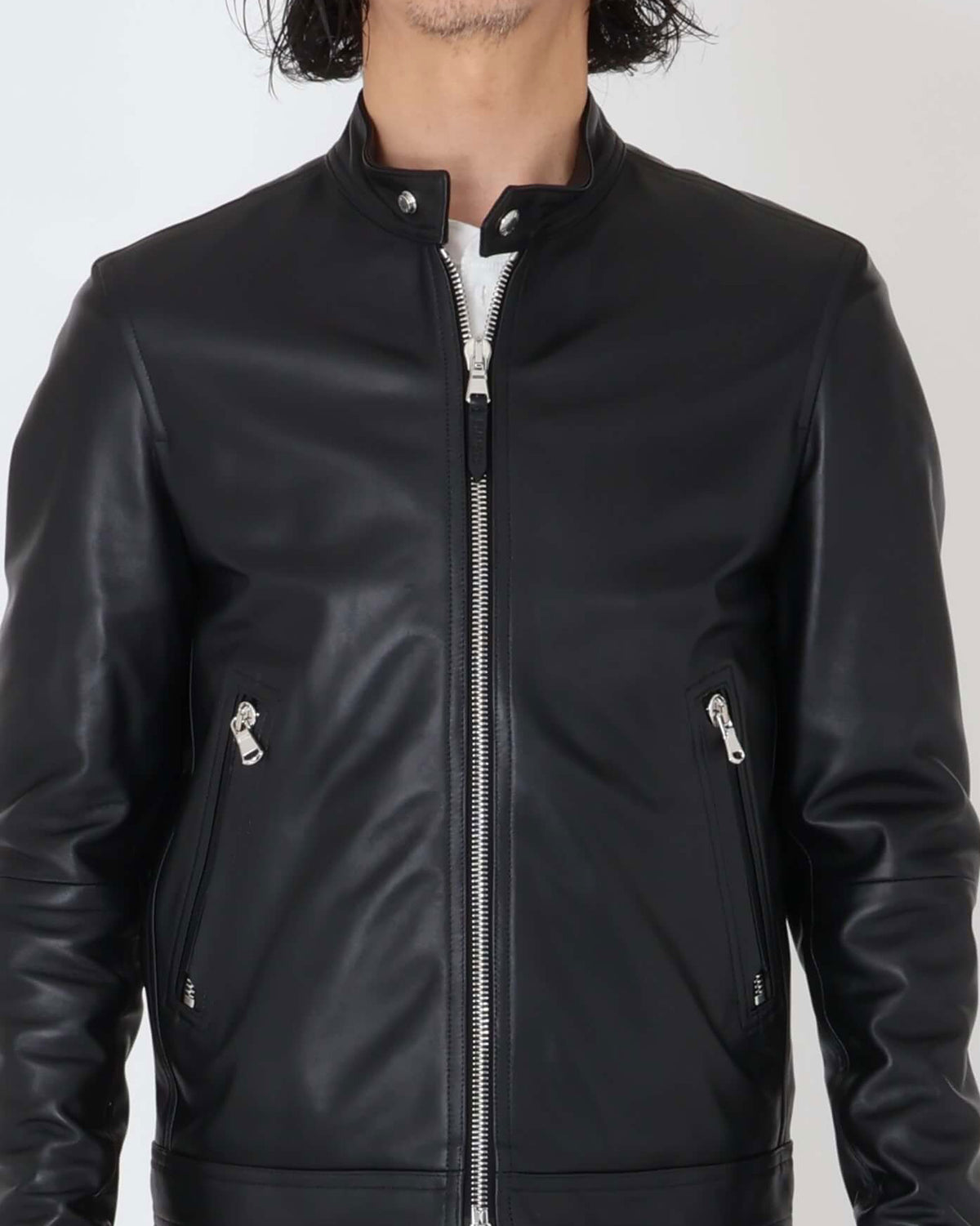 エンメティ / MASSIMO（マッシモ） シルバーZIP ナッパチェラータ ラムレザーシングルライダース / ブラック