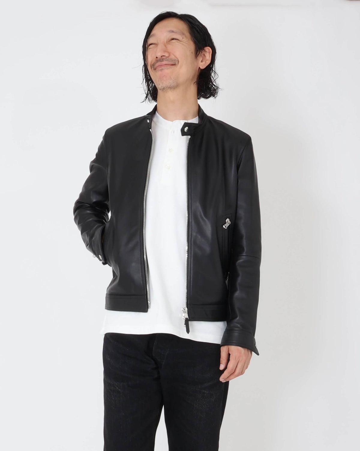 エンメティ / MASSIMO（マッシモ） シルバーZIP ナッパチェラータ ラムレザーシングルライダース / ブラック