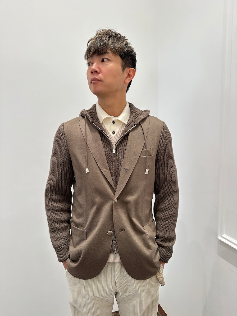スリーブニットフーディジャケット