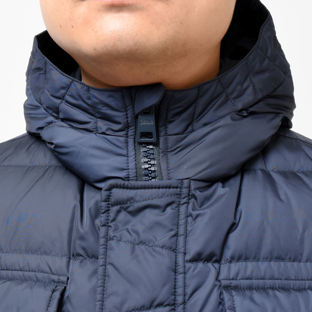 送料0円 即決 HERNO ナイロン × ウール フーデッドダウンパーカー 灰