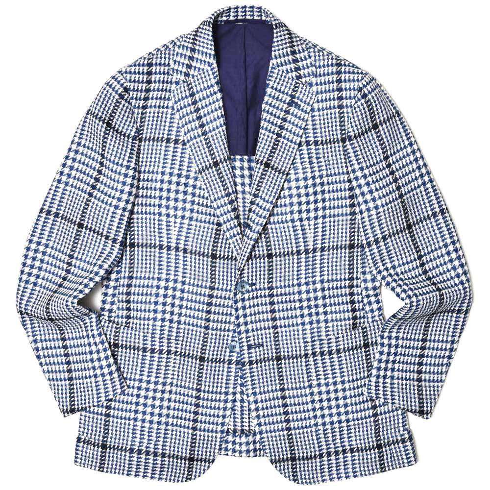 LARDINI ジャケット ネイビー グレンチェック コットンリネン混 青白 44